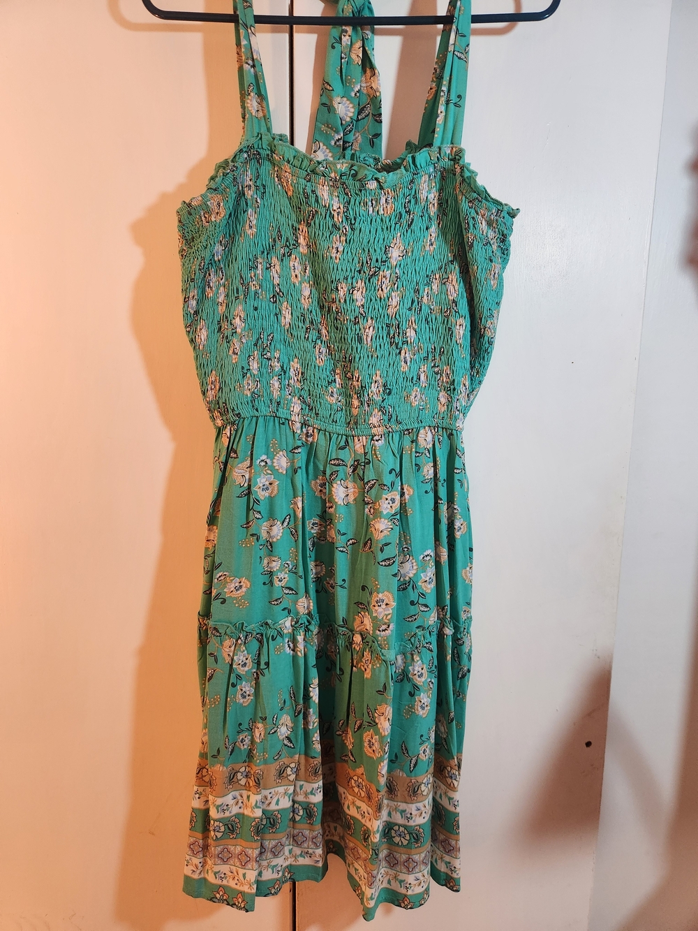 Turquoise Floral Smocked Sundress with Tie Straps